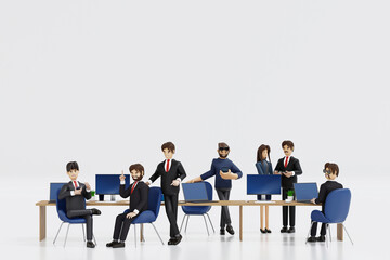Group of happy young businessmen and businesswoman relaxing meeting talking working in office, 3D rendering.
