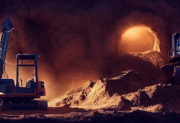 Fototapeta na wymiar The excavator does earthwork. Digging a pit. Generative AI