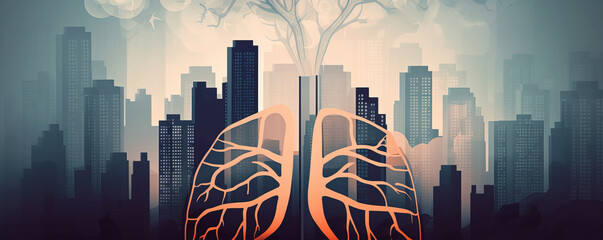 Smoke-free city: Fighting Lung Disease with Clean Air. Lung disease frome smoking, pm 2.5 and air pollution concept wallpaper with city illustration in the background. Generative AI