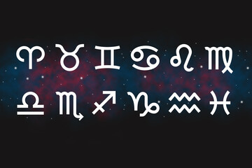 Obraz premium Alle Tierkreiszeichen vor einem angedeuteten Himmelshintergrund