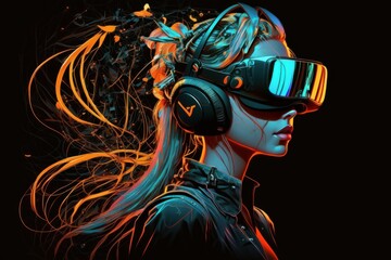 Abstract futuristic woman in virtual reality glasses. Beautiful illustration picture. Generative AI