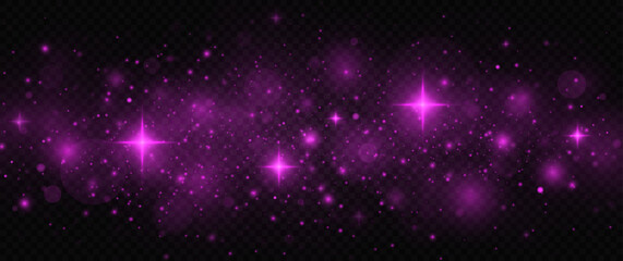 Sparkling magic dust particles. Purple sparks and stars glitter special light effect. Glowing dust particles effect.