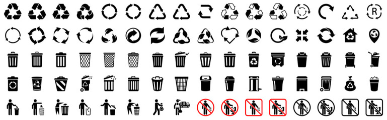 Trash icons and recycle signs, Recycle icons collection. Vector illustration