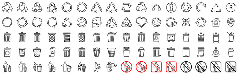 Trash icons and recycle signs, Recycle icons collection. Vector illustration - obrazy, fototapety, plakaty