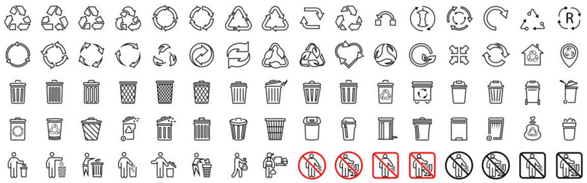Trash icons and recycle signs, Recycle icons collection. Vector illustration