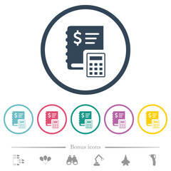 Dollar ledger flat color icons in round outlines
