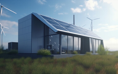Fototapeta na wymiar Generative AI of a modern building with solar panels and wind turbines