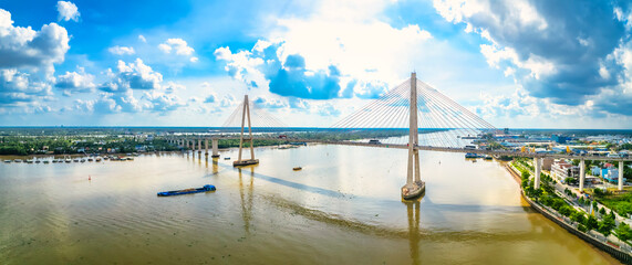 Rach Mieu bridge, Tien Giang, Vietnam, aerial view. Rach Mieu bridge connects Tien Giang and Ben Tre provinces in the Mekong delta, Vietnam.