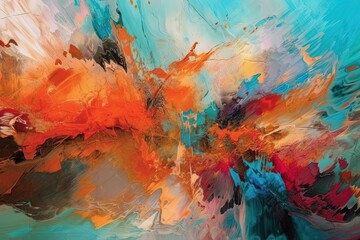 an abstract painting featuring vibrant orange and blue hues. Generative AI