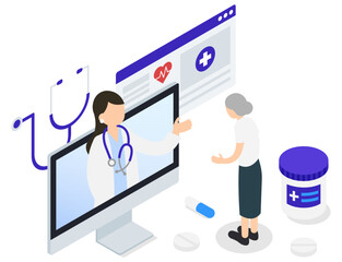 オンライン診療を受けるシニア女性と女性医師のアイソメトリックイラスト