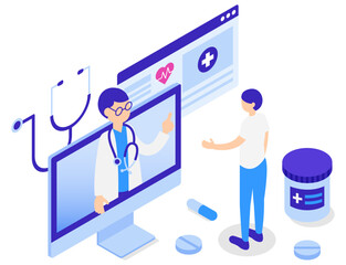 オンライン診療を受ける男性と男性医師のアイソメトリックイラスト