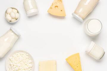 Variation of organic dairy products. Farm cheese, milk, yogurt, cottage cheese on white background...