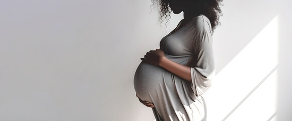banner pregnant black woman in grey dress holds hands on big belly , Pregnancy, maternity, preparation and expectation, copyspace for text, generative ai.