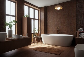 Fototapeta na wymiar tiled bathroom with wood furniture. Generative AI