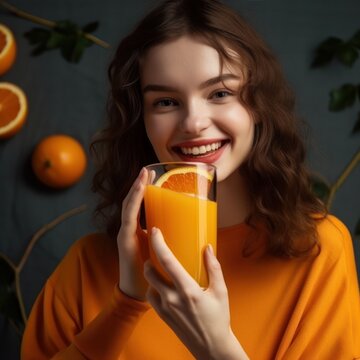 Girl with a glass of orange juice - Generated by Generative AI