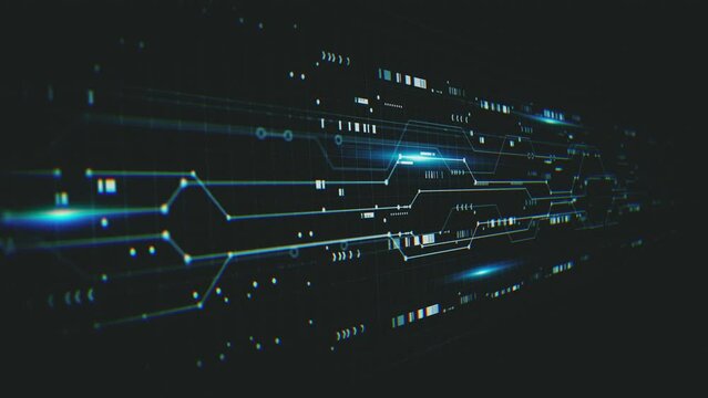 High Tech Hud Digital Circuit Background/ 4k motion graphics of a futuristic hi-tech computer circuit generated background with chipset patterns and connected data elements slowly shifting