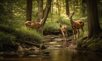 A doe with two fawns by the little stream in a large dense forest having big trees. Generative Ai