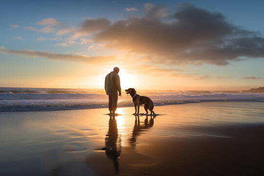 a man and his dog sharing a playful moment on the beach. Generative Ai