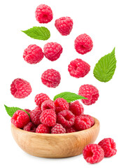 ripe raspberries with green leaves in wooden bowl isolated on white background. clipping path