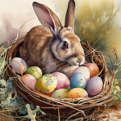 Easter eggs with  bunnies. Generative Ai