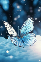 In ice and snow, A light blue ice butterfly falls in the snow. Generative Ai