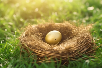 Obraz premium Small bird nest full of gold eggs on green grass with sunlight abstract background. Generative Ai