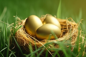 Small bird nest full of gold eggs on green grass with sunlight abstract background. Generative Ai