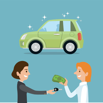 Cartoon character businesswoman selling a car with cash. illustration vector cartoon