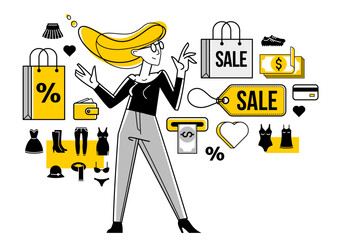 Shopping and discount vector outline illustration, store worker managing goods or customer have a big choice and enjoying cheap prices, adviser consultant.