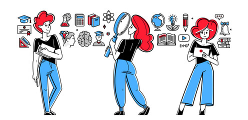 Education in university or collage, students are doing homework or preparing for exam, vector outline illustration, study sciences and graduate.