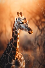Giraffe in the light of the sun in savannah. Generative AI.