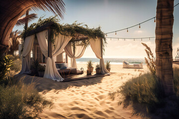 A cozy beachside cabana, adorned with white linen curtains fluttering in the breeze, and the scent of the sea in the air - obrazy, fototapety, plakaty