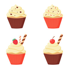 Delicious cupcakes with vanilla cream strawberrie cherries and waffle sticks. Dessert vector illustration design