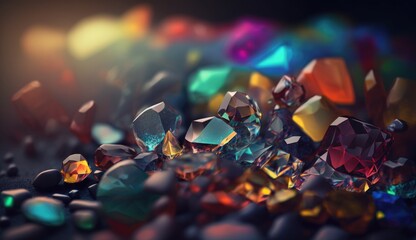 Abstract background with shiny colored crystals, illustration, Beautiful collection of crystals, gems and minerals on a dark background. AI generated.