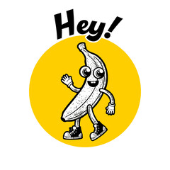 Cartoon banana t-shirt design sketch raster illustration. Happy walking cartoon banana fruit sketch engraving raster illustration. T-shirt apparel print design. Scratch board imitation