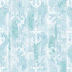 Seamless pattern with  hand-drawn anchors  on blue watercolor background. Sea abstract vector background. Perfect for design templates, wallpaper, wrapping, fabric, print and textile.