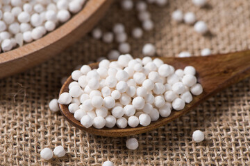 white sago pearls or sago balls on table.