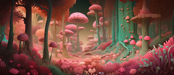 3D Fantasy Forest design, vibrant flora, and twisted trees