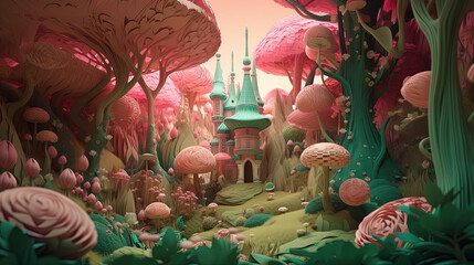 A Colorful Forest 3D Design with Whimsical Trees and Castle