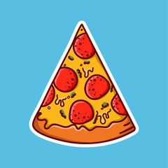 sticker of one slice of pizza. Vector pizza icon in cartoon fun bright style.