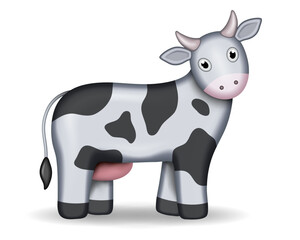 Fototapeta premium 3d cow as icon, cute baby calf. Beef, dairy concept, farm cattle, cute and horny kawaii cow, hoofed animal, vector illustration isolated on white background