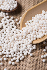 white sago pearls or sago balls on table.