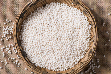 white sago pearls or sago balls on table.