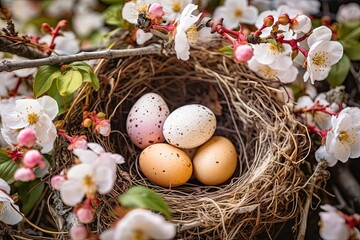 Fototapeta na wymiar Bird Nest with Three Eggs in it. Generative AI