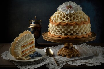 openwork dough cake with cream napoleon cake on table, created with generative ai - obrazy, fototapety, plakaty