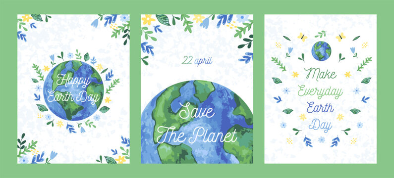 Happy Earth Day! Set of vector banner, card, template, social poster on the theme of saving the planet. Hand draw illustration. Make everyday earth day.