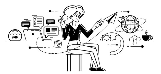 Freelance work on internet, young person freelancer doing some online job and messaging and chatting, self-employed creative worker.