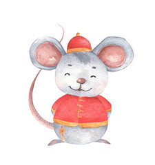 Fototapeta na wymiar Little mouse with traditional chinese costume, Zodiac symbol of new year. Watercolor illustration.