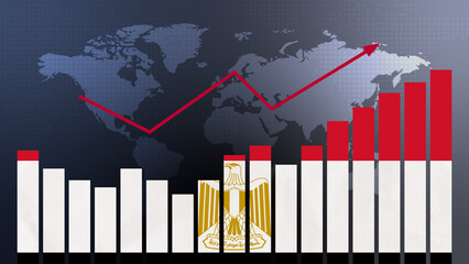 Egypt bar chart graph with ups and downs, increasing values, concept of economic recovery and business improving, businesses reopen, politics conflicts, war concept with flag - obrazy, fototapety, plakaty