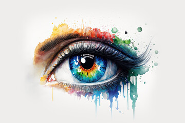 illustration of the watercolor realistic eye with colorful splashes. The concept for beauty salon, cosmetics label, cosmetology procedures, print, t-shirt design and makeup Generative Ai 